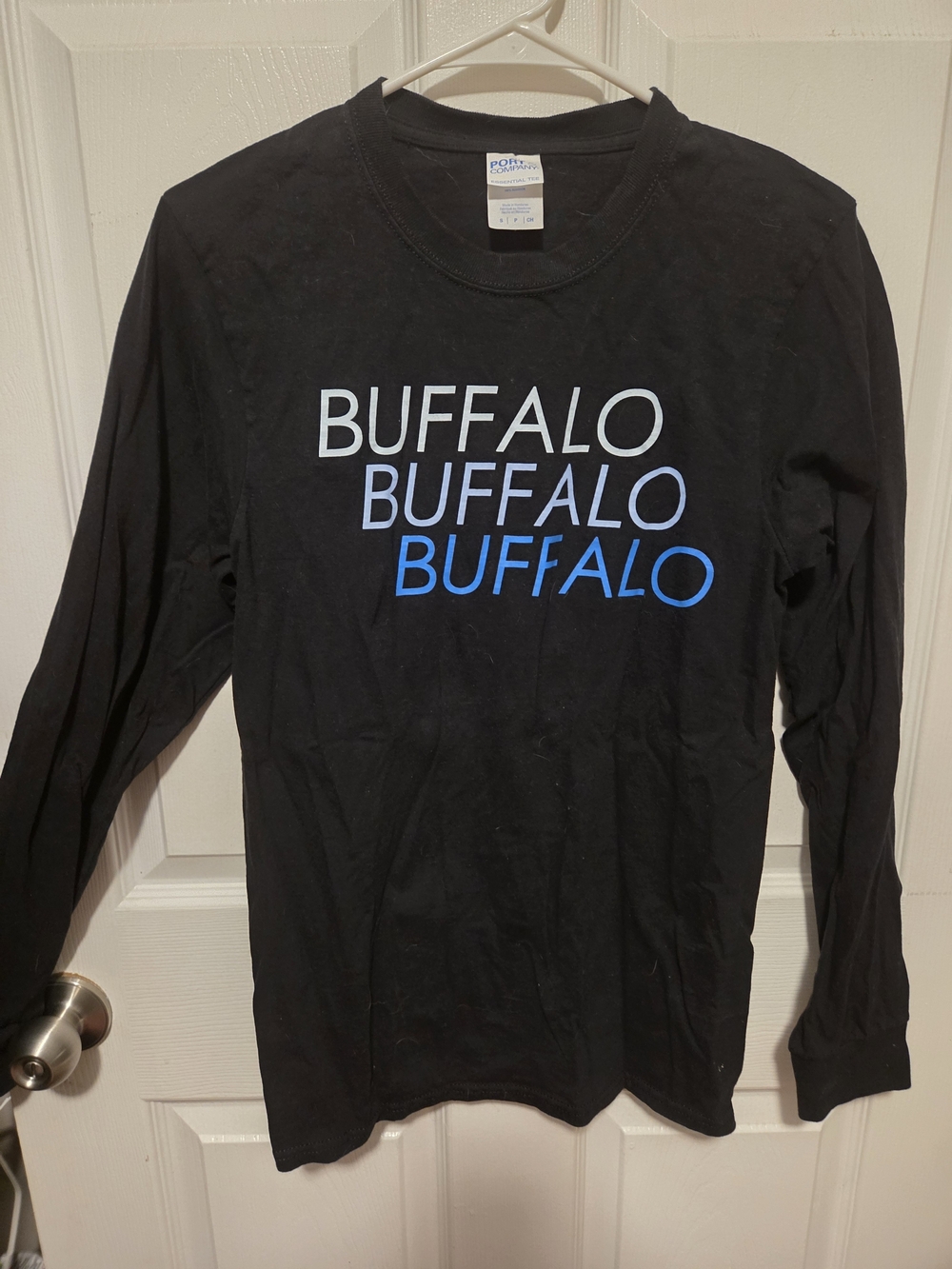 Port and Company Black Long-Sleeve Tee with Blue Buffalo Print